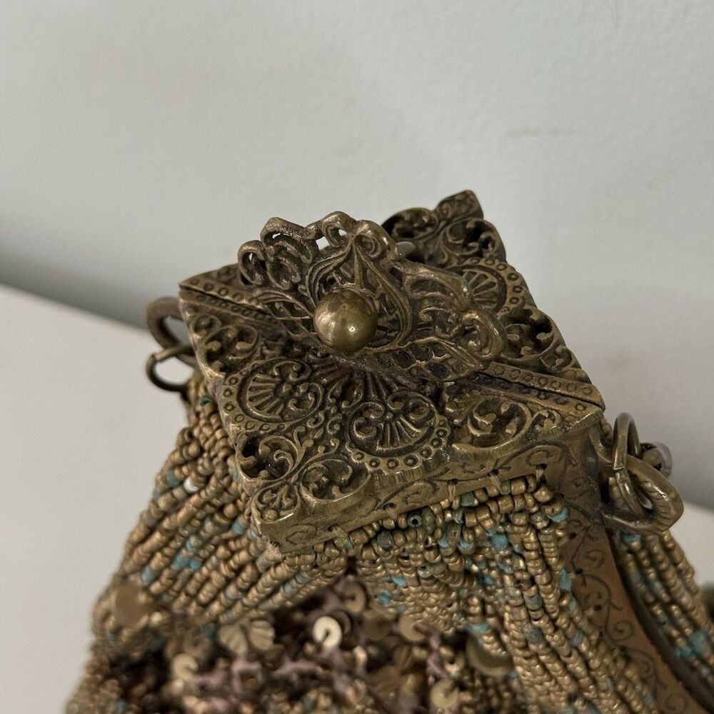 Antique 1920s Glass Beaded Victorian Flapper Purse Ornate Metal Frame W/ Mirror - Picture 6 of 12